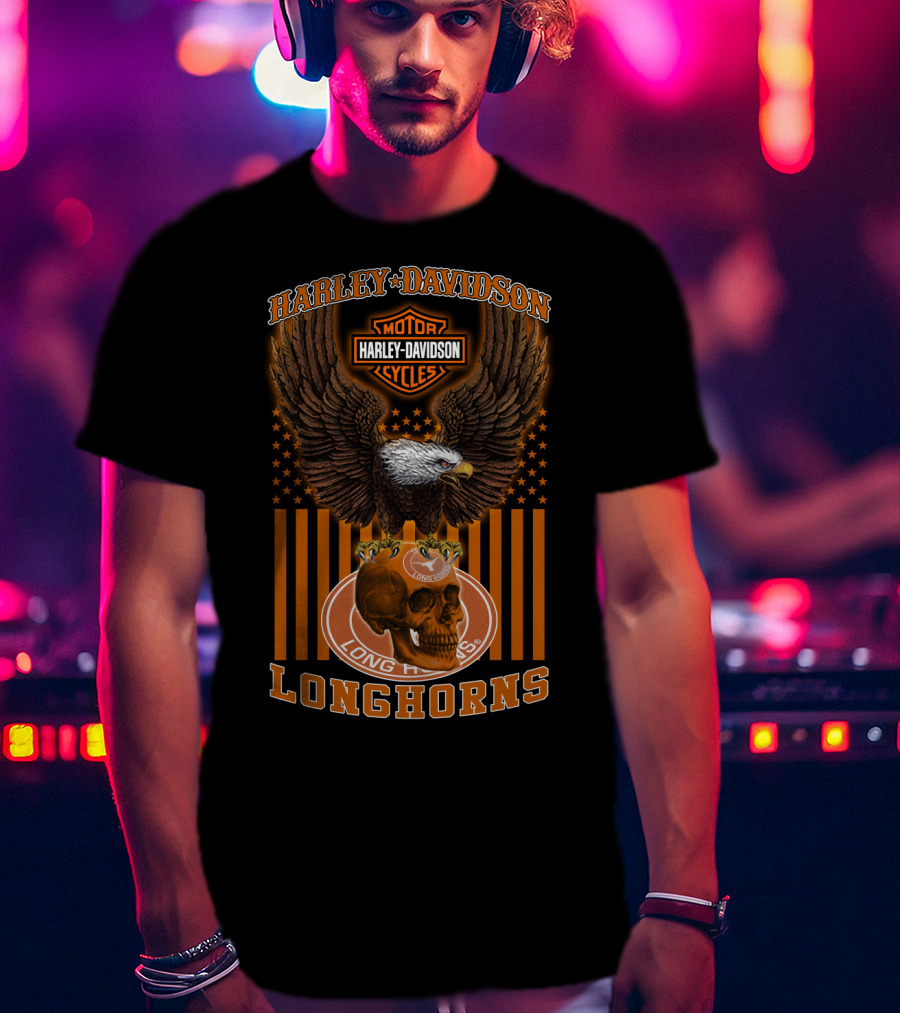 Harley Davidson Motorcycles Texas Longhorns Eagle And Skull T-Shirt