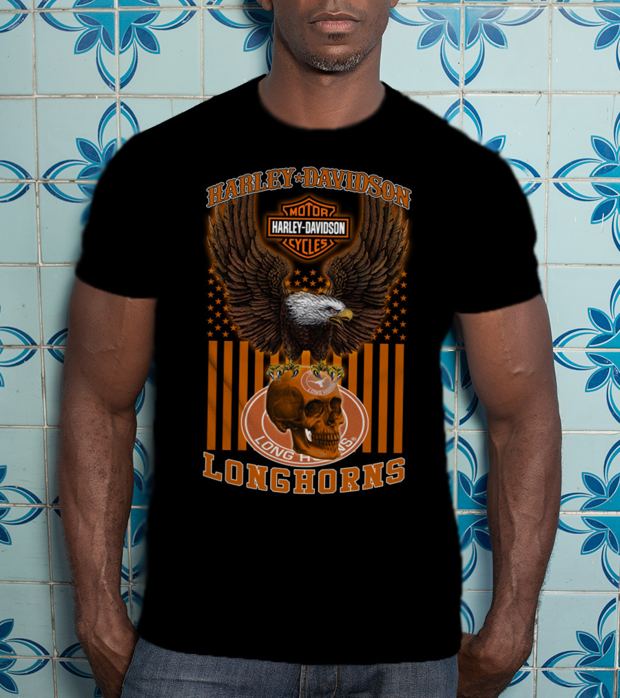 Harley Davidson Motorcycles Texas Longhorns Eagle And Skull T-Shirt