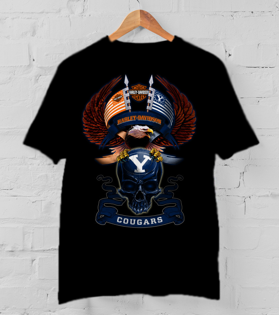 Motor Harley Davidson Cougars Byu Y Skull And Eagle Wings T-Shirt