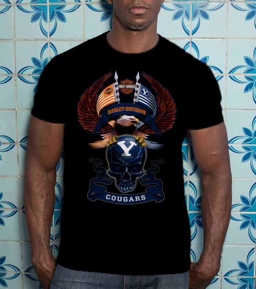 Motor Harley Davidson Cougars Byu Y Skull And Eagle Wings T-Shirt