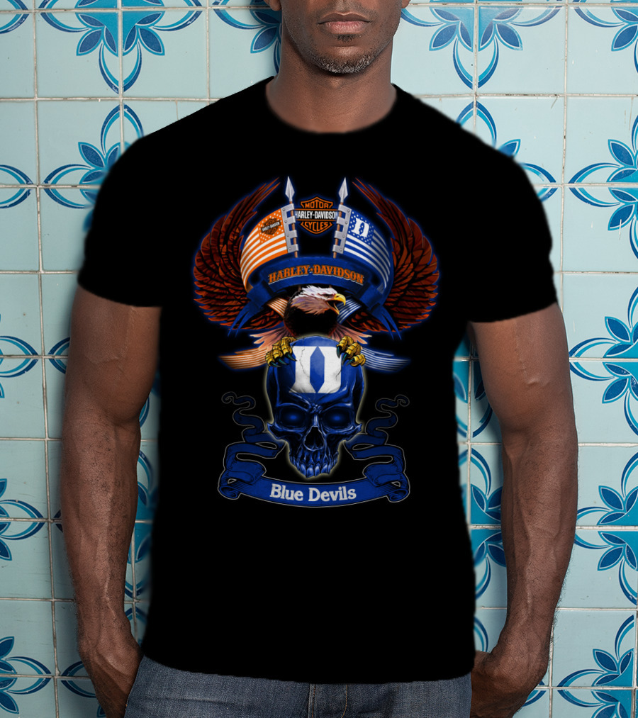 Harley Davidson Motor Cycles Eagle Skull Blue Devils T-Shirt