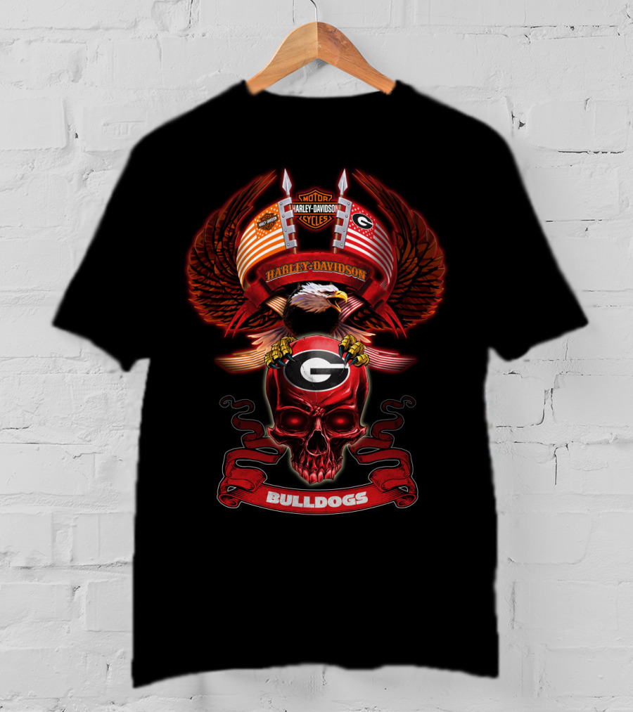 Harley Davidson Motor Cycles Georgia Bulldogs G Skull And Eagle T-Shirt