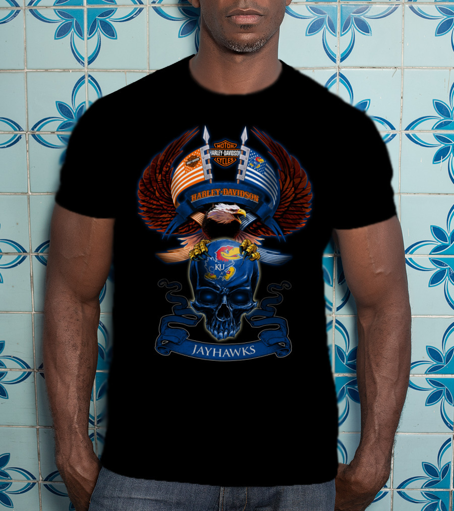 Harley Davidson Jayhawks Ku Eagle Skull T-Shirt