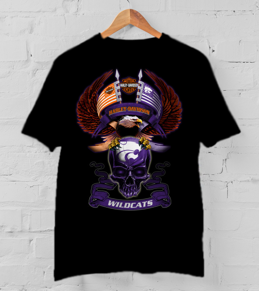 Harley Davidson Motor Cycles Kansas State Wildcats Bald Eagle Skull Wings T-Shirt
