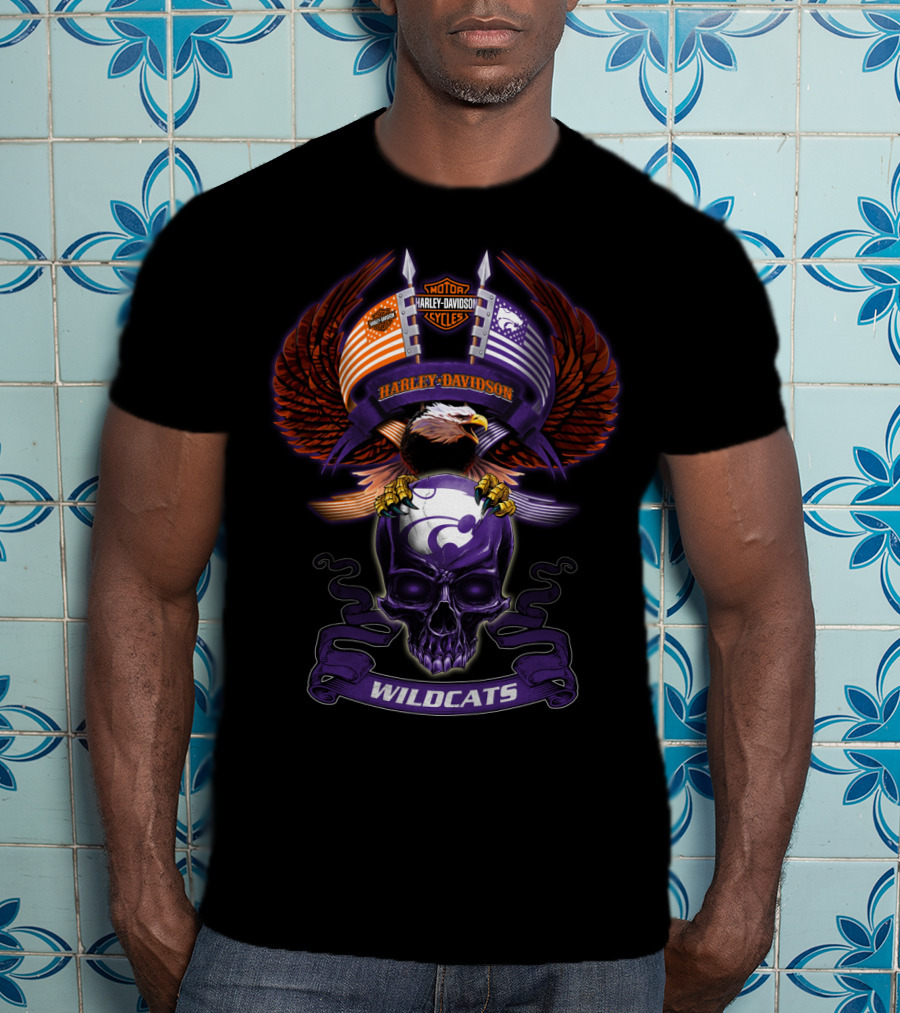 Harley Davidson Motor Cycles Kansas State Wildcats Bald Eagle Skull Wings T-Shirt