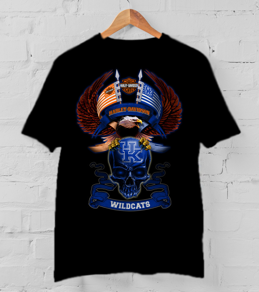 Harley Davidson Kentucky Wildcats Skull And American Flag Eagle T-Shirt