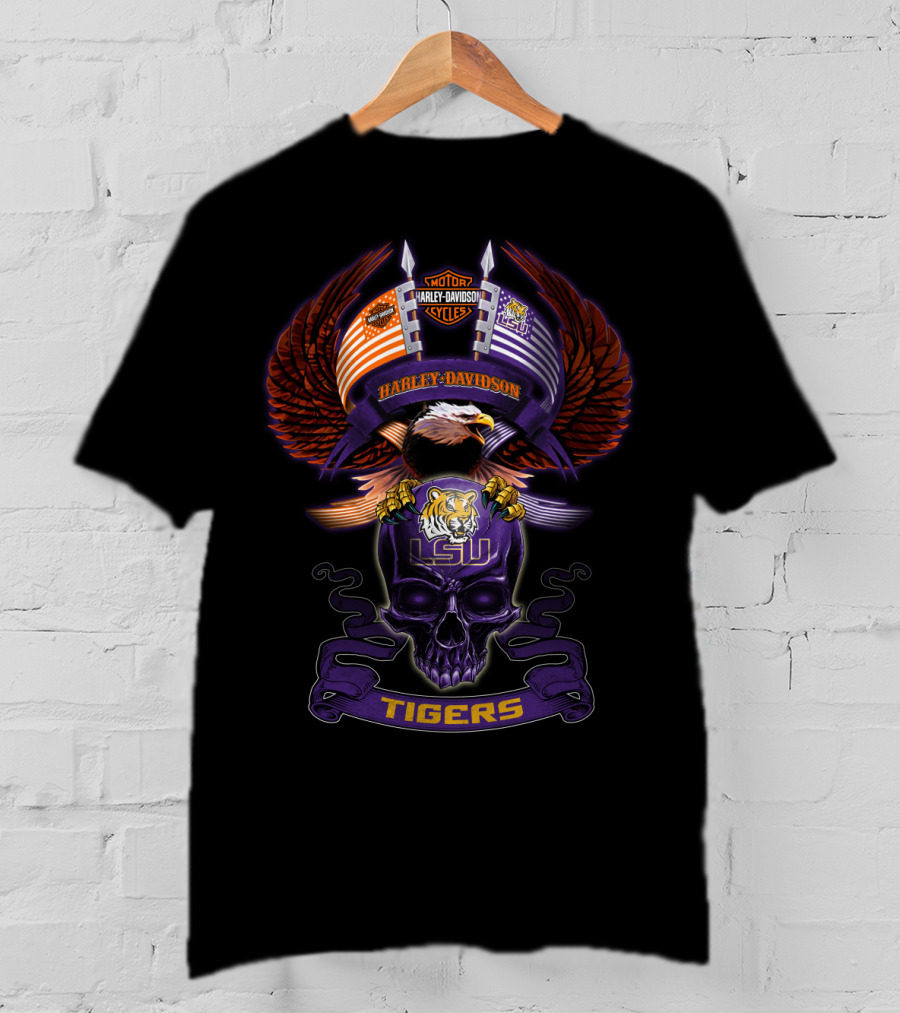 Harley Davidson Lsu Tigers Eagle And Skull Motorcycle Lifestyle T-Shirt