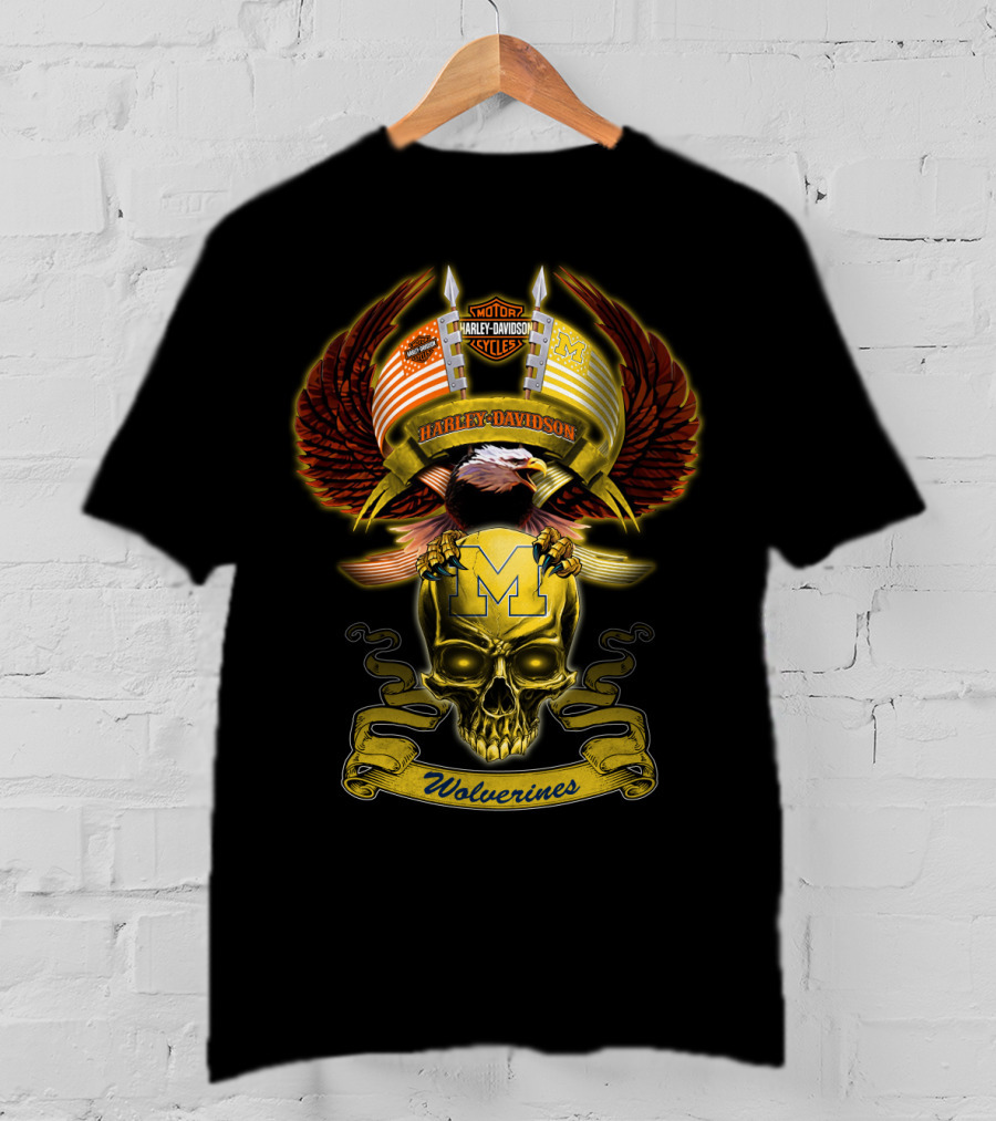 Motorcycles Harley Davidson Michigan Wolverines M Skull Eagle Wings T-Shirt