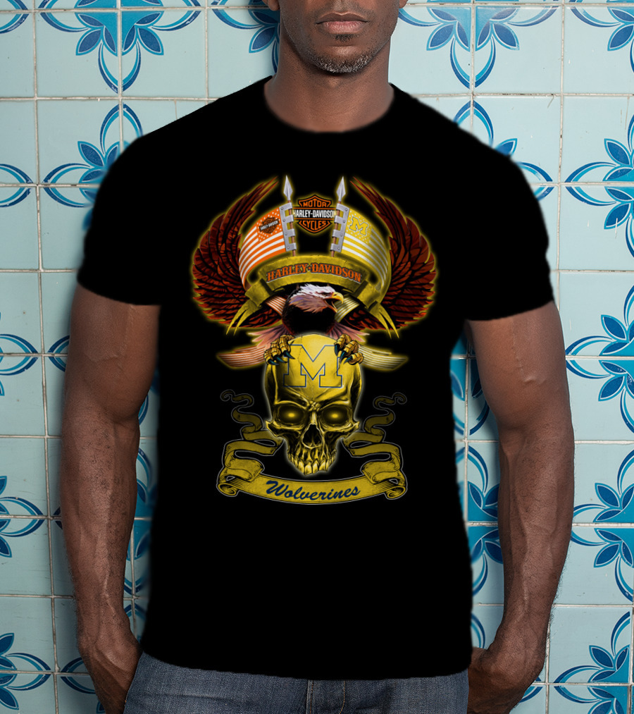 Motorcycles Harley Davidson Michigan Wolverines M Skull Eagle Wings T-Shirt