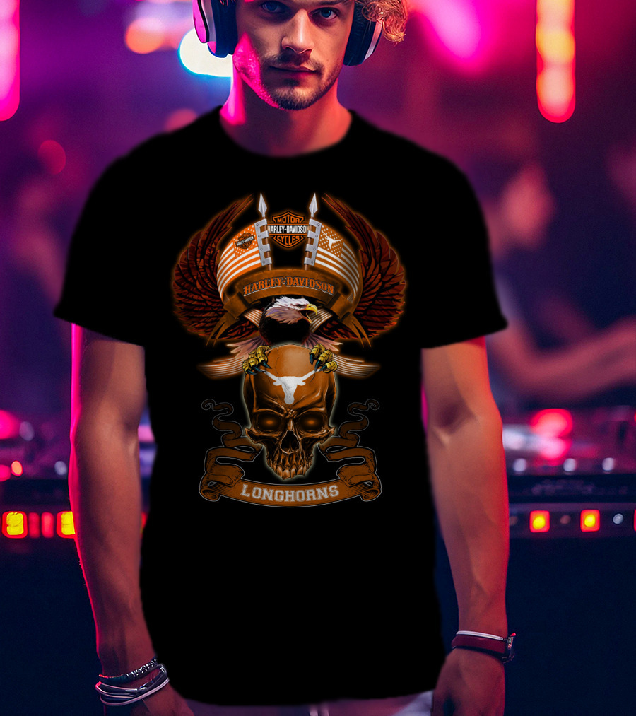 Harley Davidson Texas Longhorns Eagle Skull Wings T-Shirt