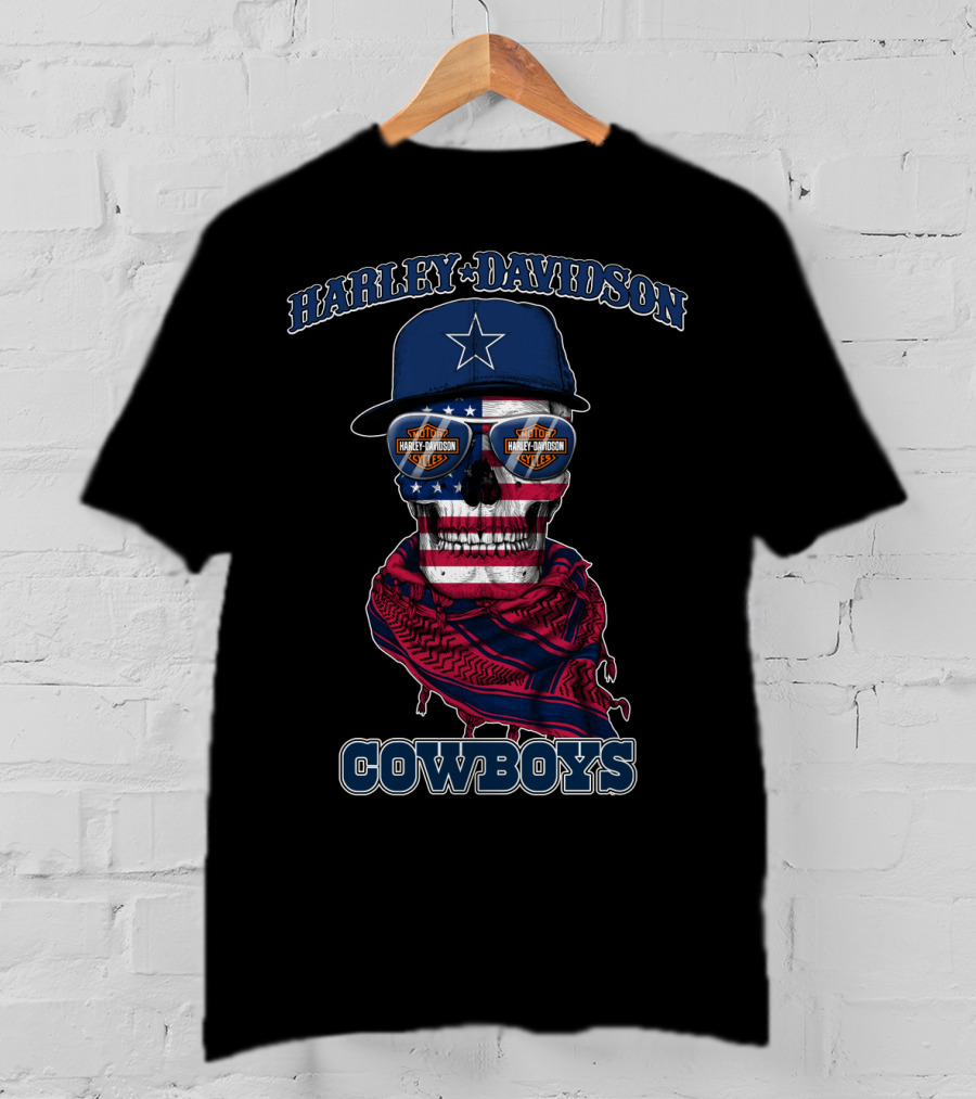 Harley Davidson Usa Cowboys Skull With Flag Bandana And Star Cap T-Shirt
