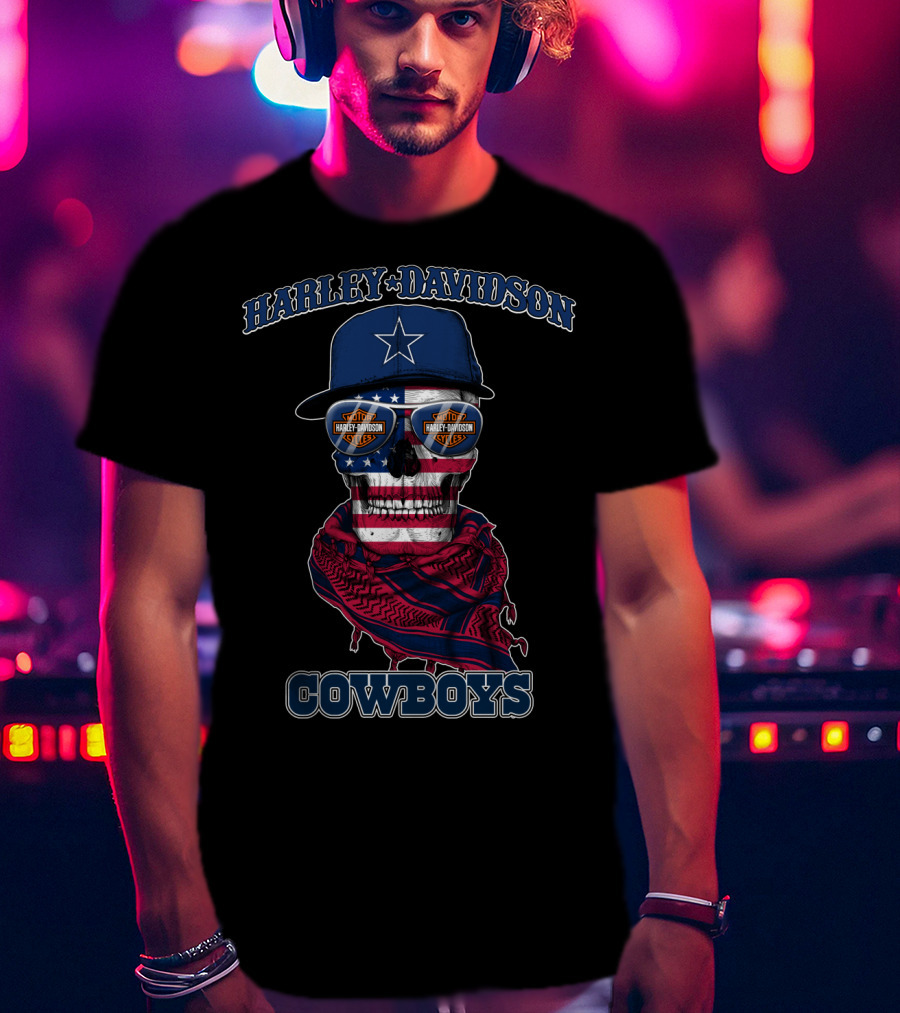 Harley Davidson Usa Cowboys Skull With Flag Bandana And Star Cap T-Shirt