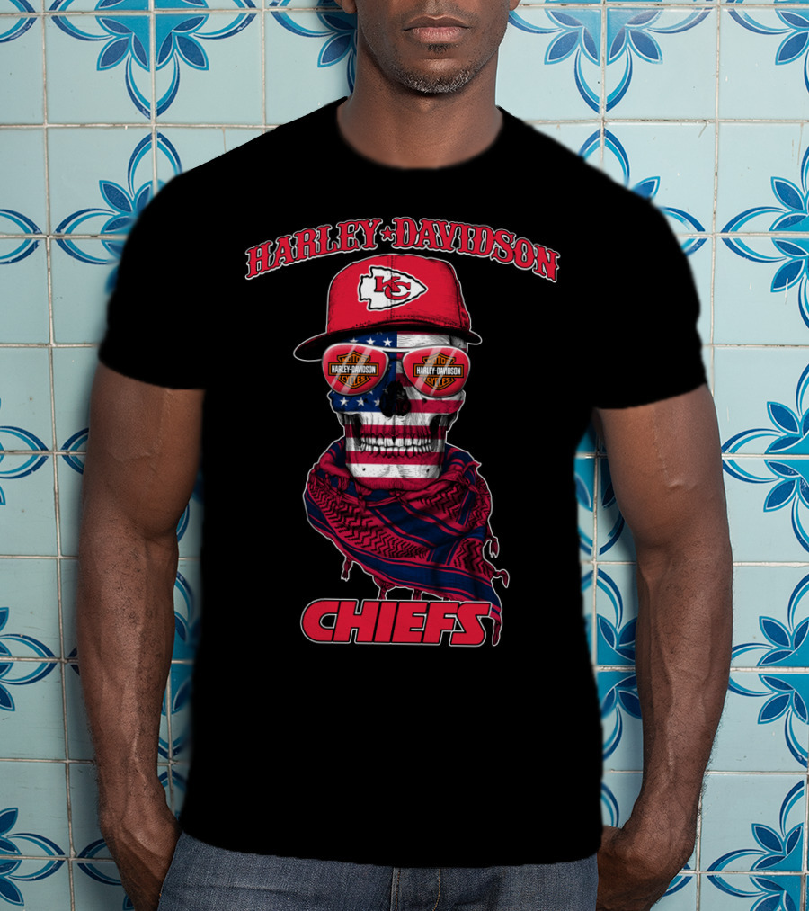 Harley Davidson Kansas City Chiefs Skull Usa Flag Bandana T-Shirt