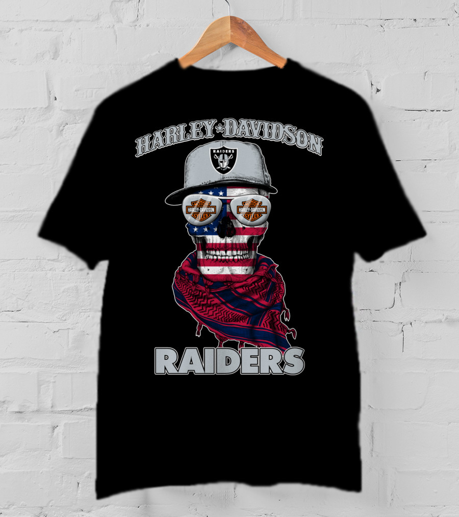 Harley Davidson Raiders Skull American Flag Bandana Nfl X Las Vegas Raiders T-Shirt
