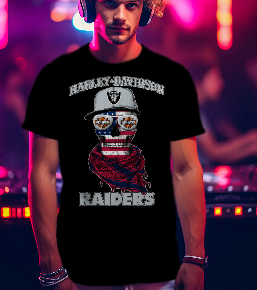 Harley Davidson Raiders Skull American Flag Bandana Nfl X Las Vegas Raiders T-Shirt