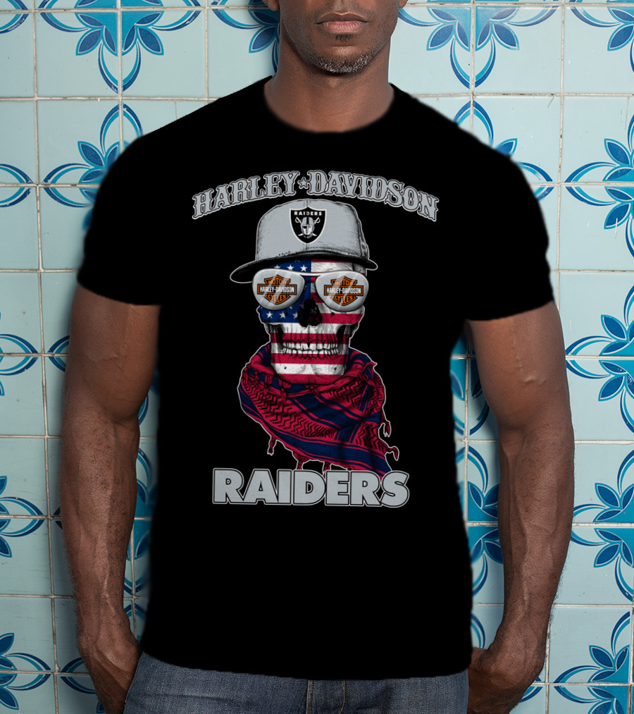 Harley Davidson Raiders Skull American Flag Bandana Nfl X Las Vegas Raiders T-Shirt