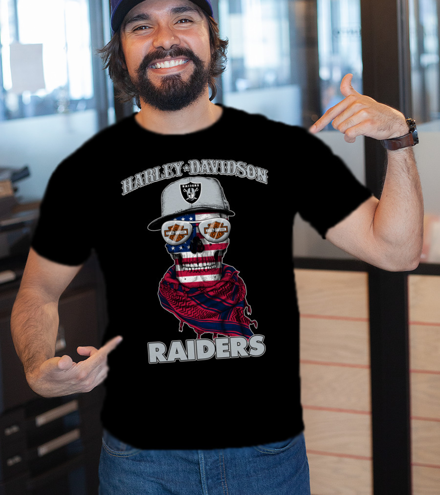 Harley Davidson Raiders Skull American Flag Bandana Nfl X Las Vegas Raiders T-Shirt
