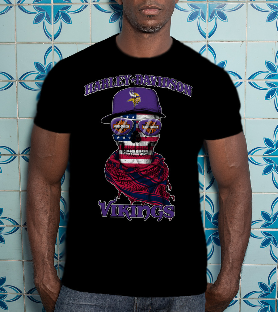 Harley Davidson Vikings Minnesota Skull Usa Flag Nfl T-Shirt
