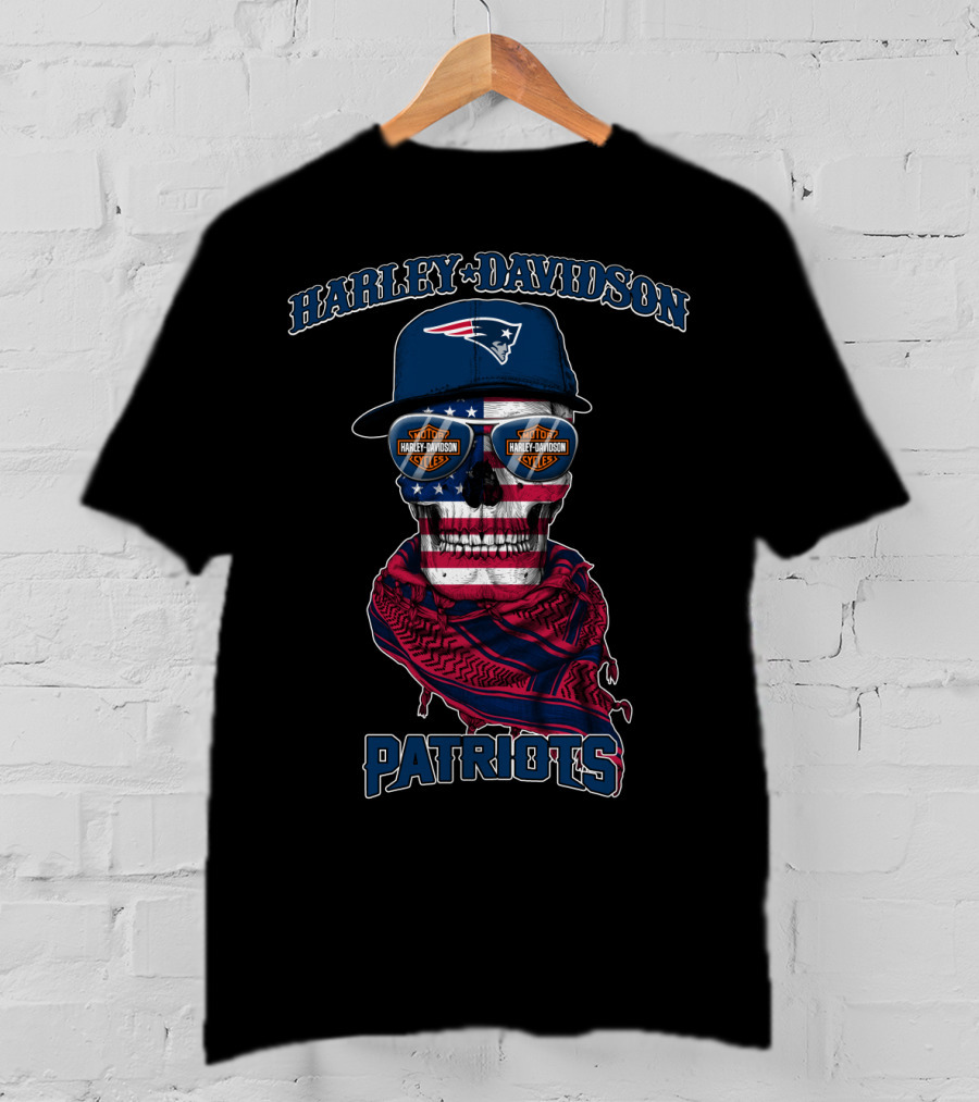 Harley Davidson New England Patriots Usa Flag Skull With Sunglasses T-Shirt