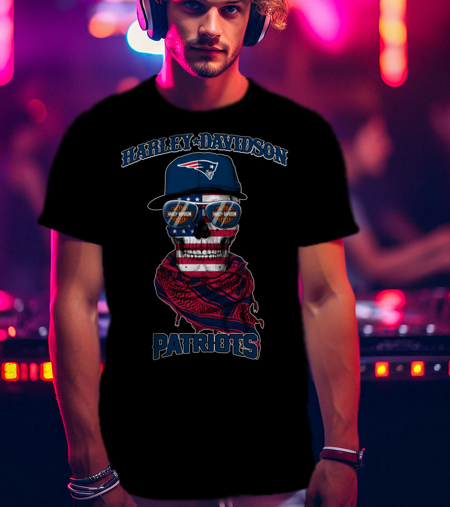 Harley Davidson New England Patriots Usa Flag Skull With Sunglasses T-Shirt