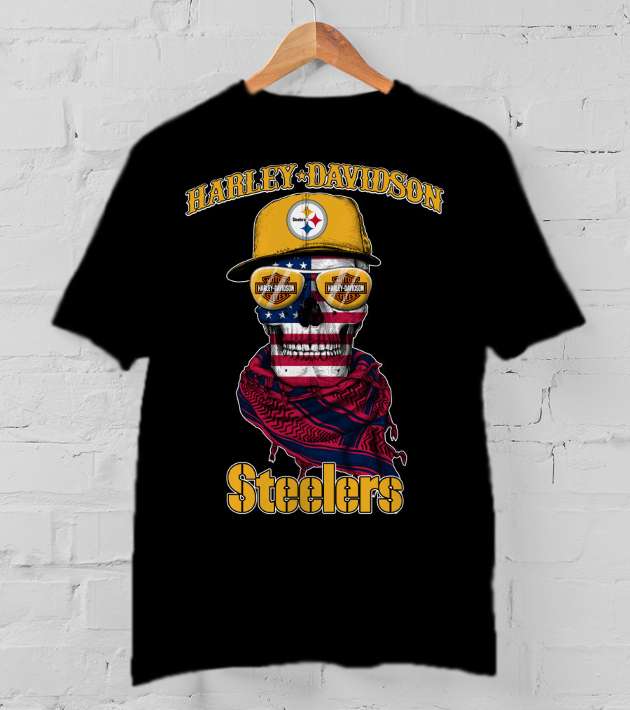 Harley Davidson Steelers American Flag Skull Cap T-Shirt
