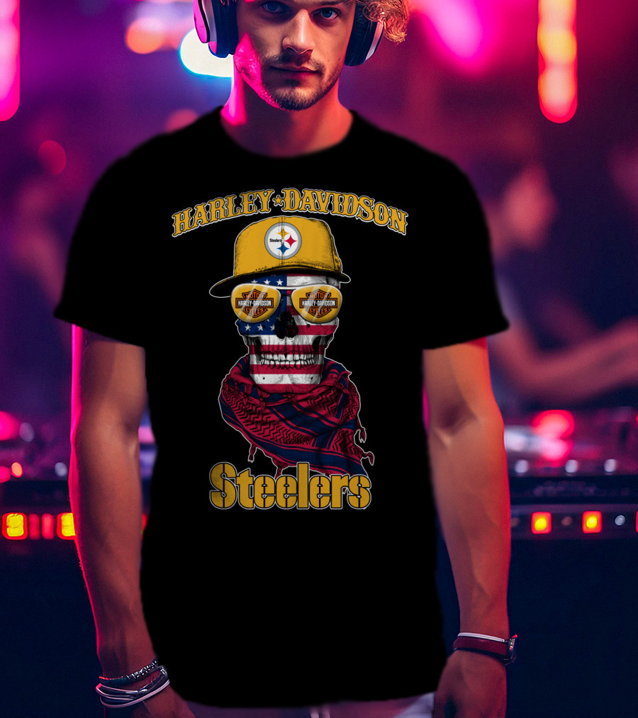 Harley Davidson Steelers American Flag Skull Cap T-Shirt