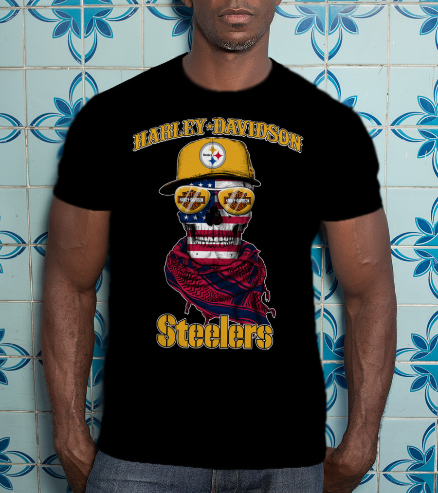 Harley Davidson Steelers American Flag Skull Cap T-Shirt