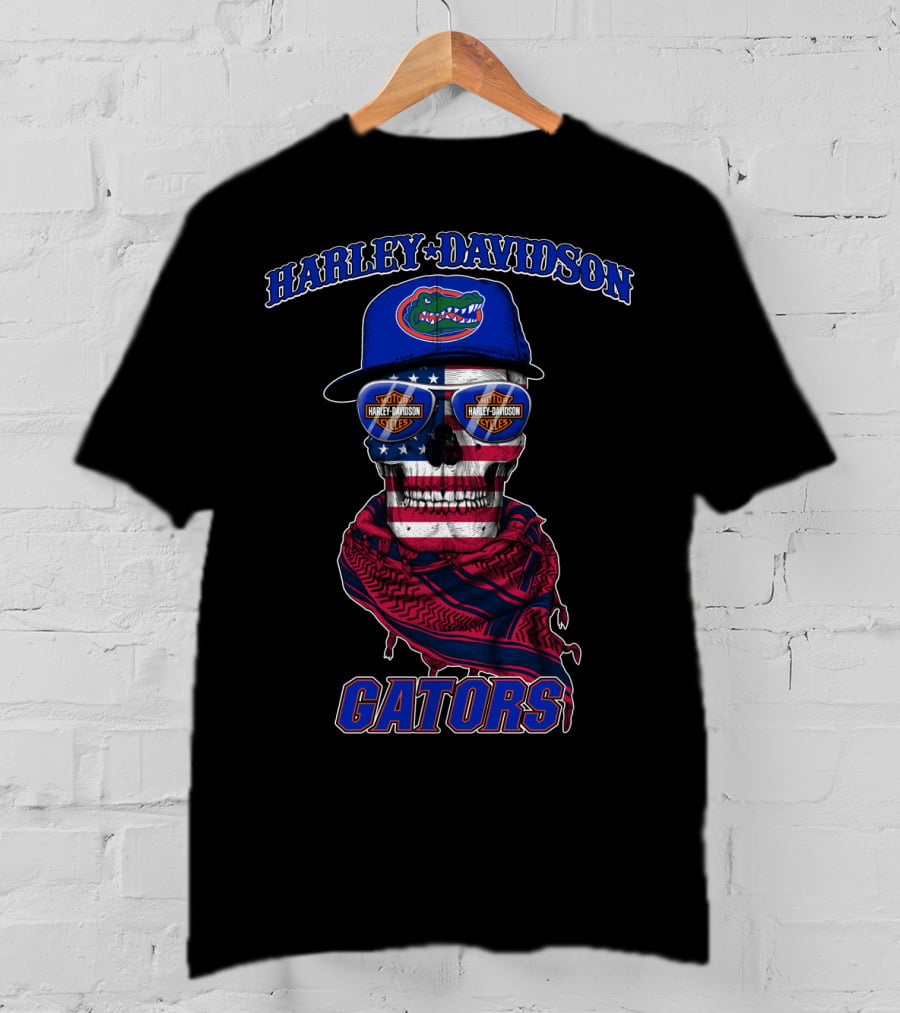 Harley Davidson Gators Florida American Flag Skull T-Shirt