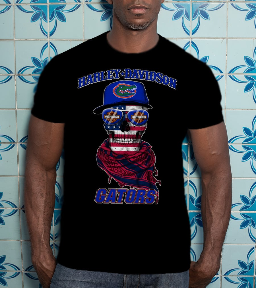 Harley Davidson Gators Florida American Flag Skull T-Shirt