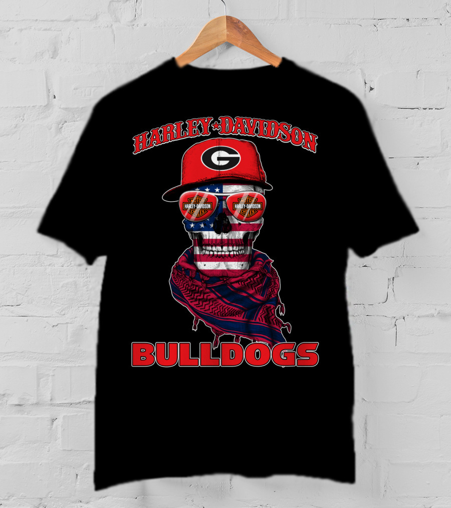 Harley Davidson Georgia Bulldogs Usa Flag Skull T-Shirt