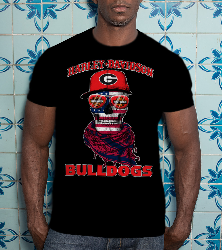Harley Davidson Georgia Bulldogs Usa Flag Skull T-Shirt