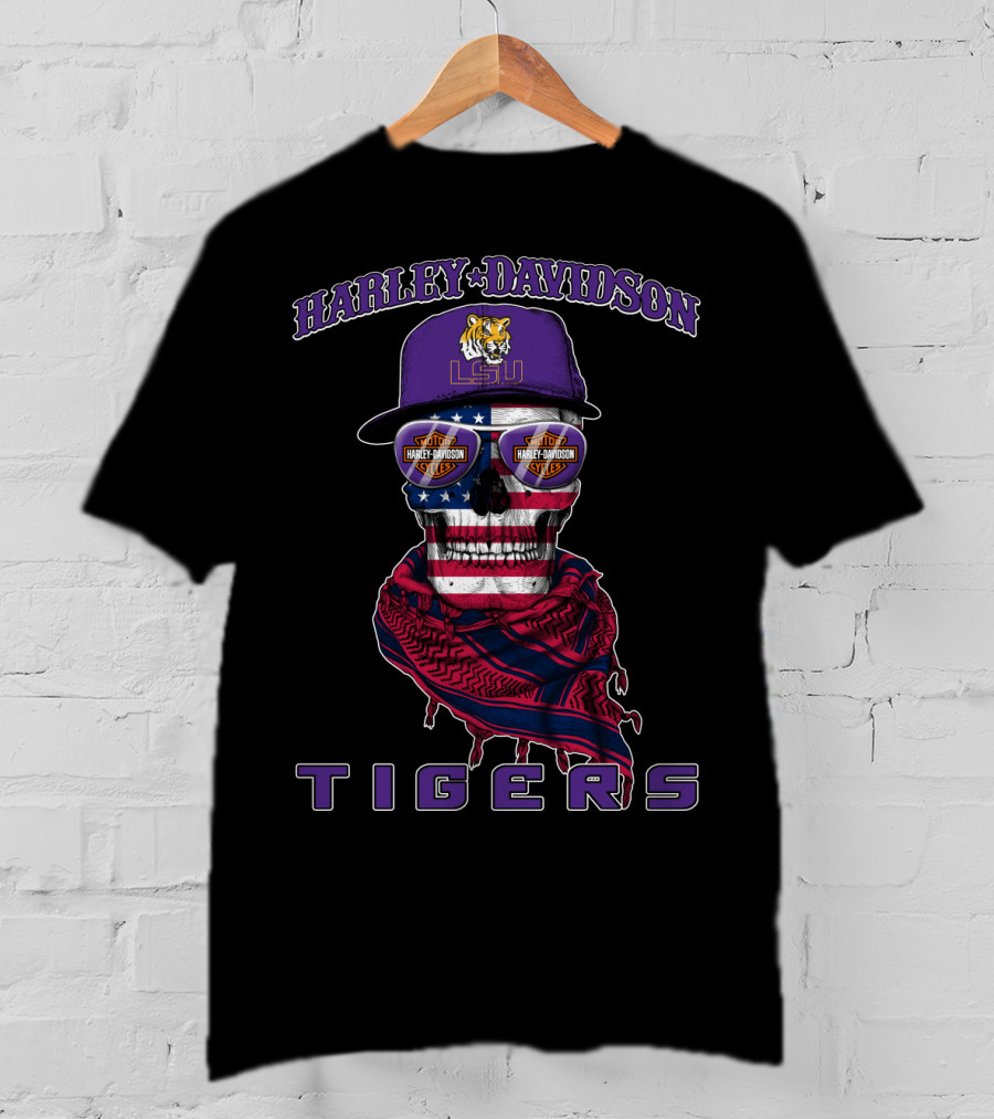 Harley Davidson Lsu Tigers Skull With American Flag And Cap T-Shirt