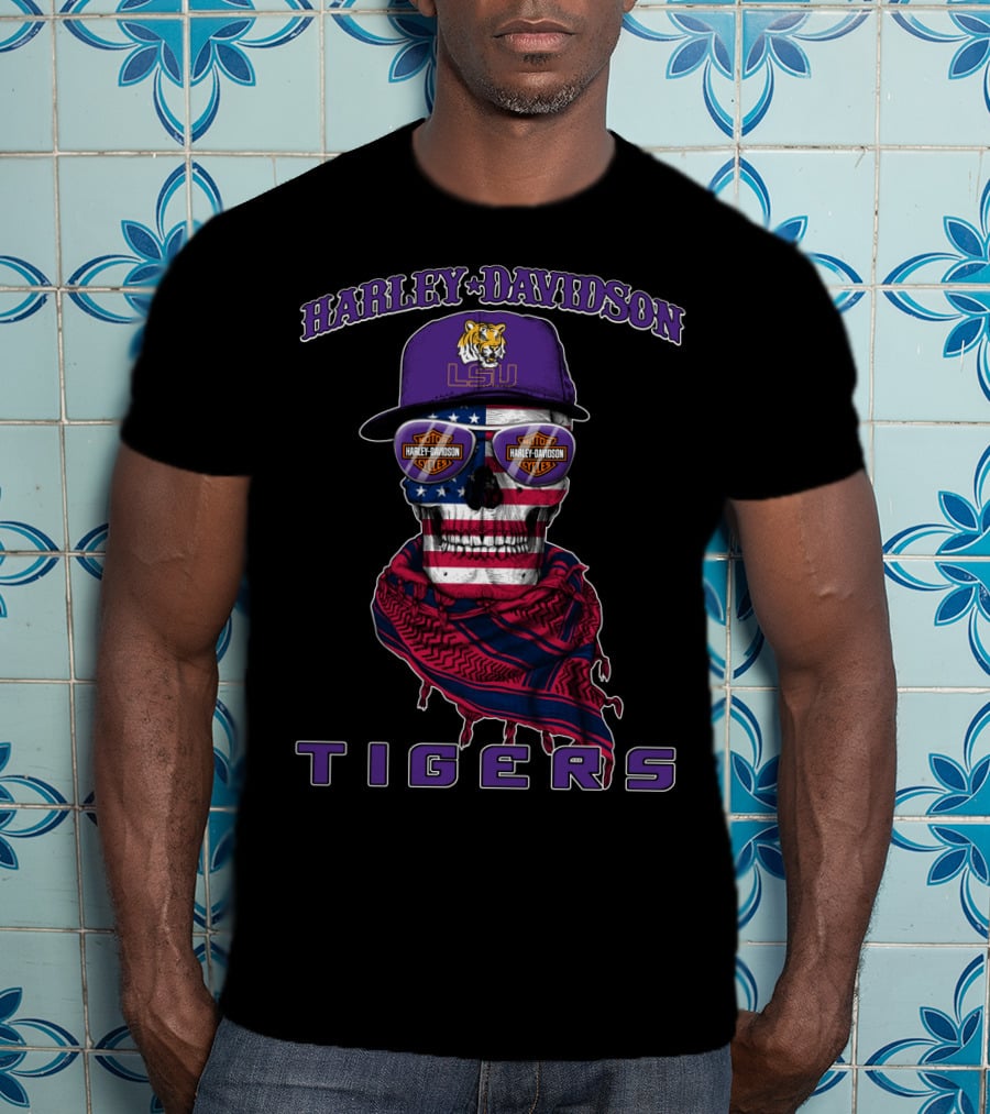 Harley Davidson Lsu Tigers Skull With American Flag And Cap T-Shirt