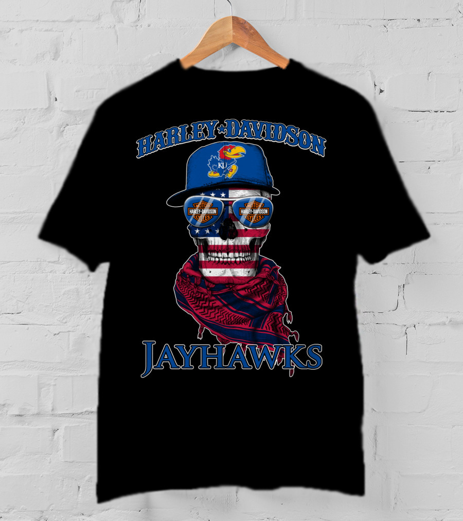 Harley Davidson Kansas Jayhawks Skull With Usa Flag Bandana And Logo Sunglasses T-Shirt
