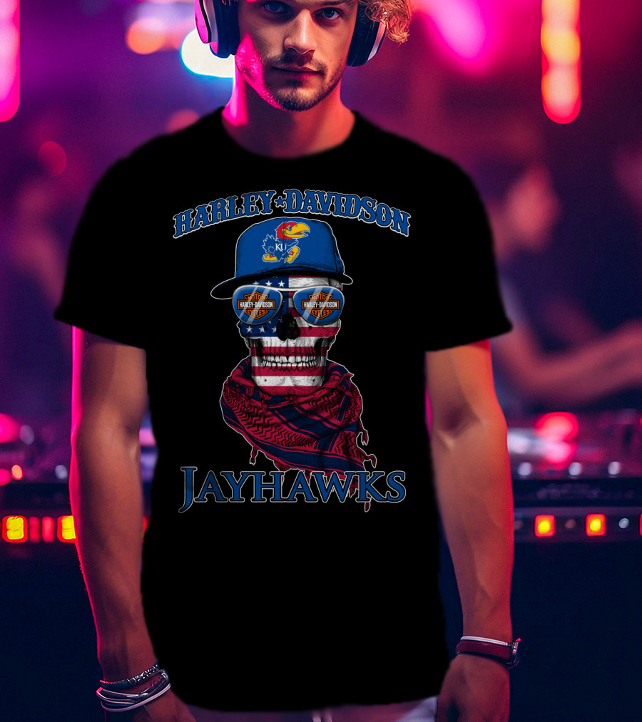 Harley Davidson Kansas Jayhawks Skull With Usa Flag Bandana And Logo Sunglasses T-Shirt