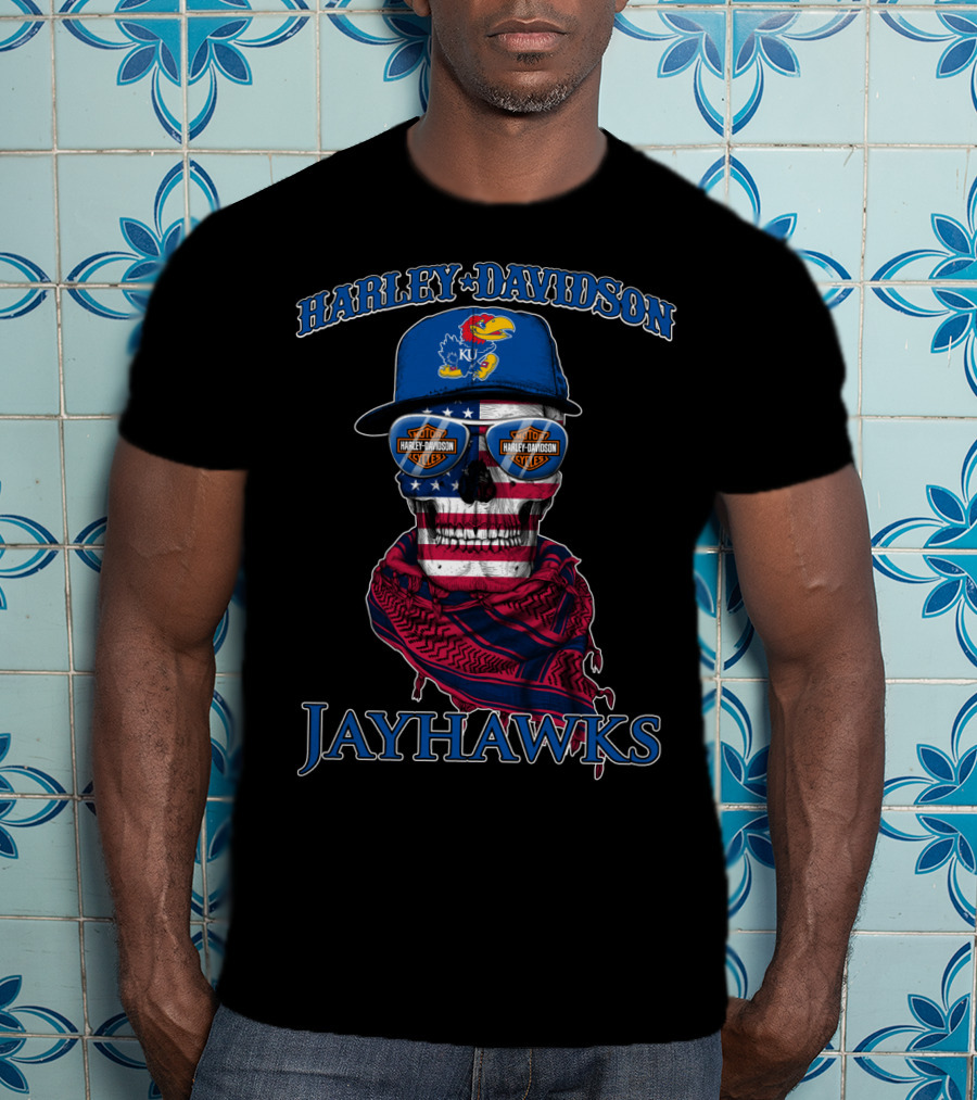 Harley Davidson Kansas Jayhawks Skull With Usa Flag Bandana And Logo Sunglasses T-Shirt