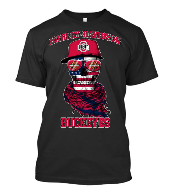 Harley Davidson Ohio State Buckeyes Usa Flag Skull T-Shirt