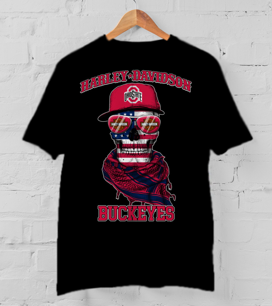 Harley Davidson Ohio State Buckeyes Usa Flag Skull T-Shirt