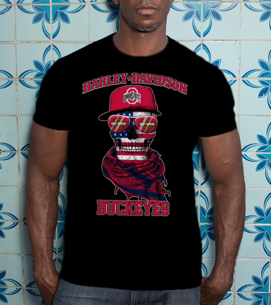 Harley Davidson Ohio State Buckeyes Usa Flag Skull T-Shirt
