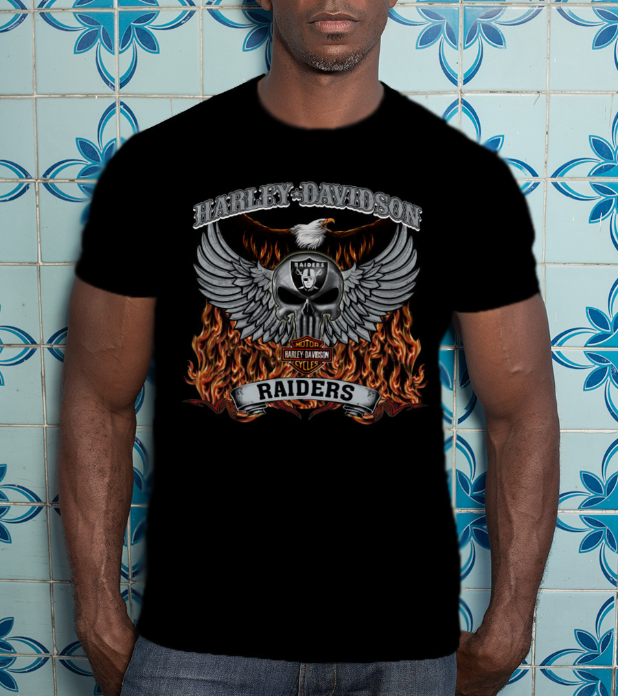 Harley Davidson Raiders Skull Wings Fire Las Vegas Raiders T-Shirt