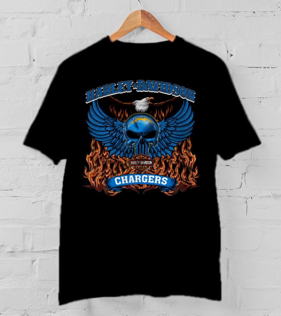 Harley Davidson Motor Cycles Chargers Los Angeles 206 Flame Wings Skull Eagle T-Shirt