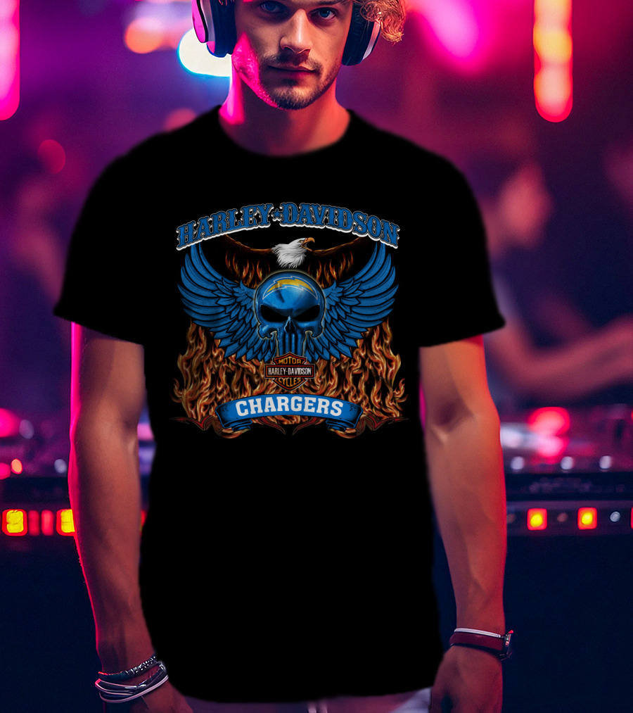 Harley Davidson Motor Cycles Chargers Los Angeles 206 Flame Wings Skull Eagle T-Shirt