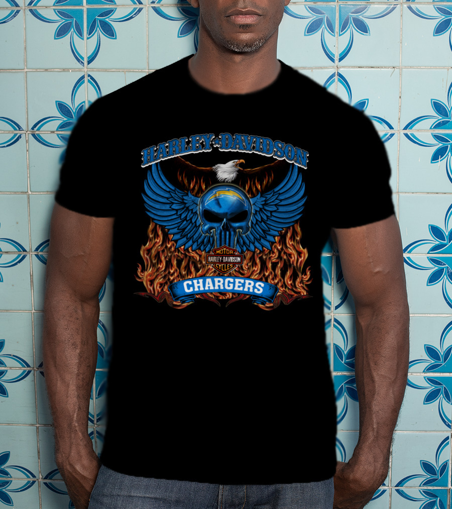 Harley Davidson Motor Cycles Chargers Los Angeles 206 Flame Wings Skull Eagle T-Shirt