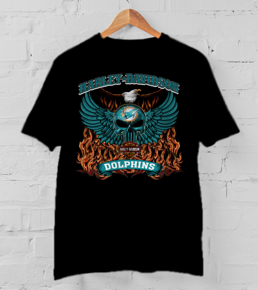 Harley Davidson Dolphins Miami Nfl Motor Cycles Logo Flames Wings Skull T-Shirt