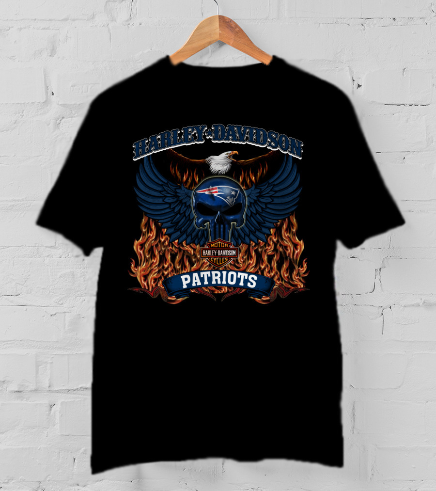Harley Davidson Nfl New England Patriots Winged Skull And Flames T-Shirt