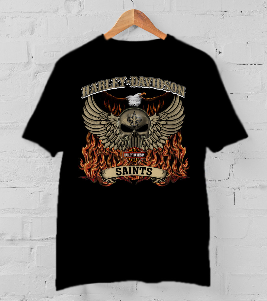Harley Davidson Motor Cycles Saints New Orleans Flames And Skull T-Shirt