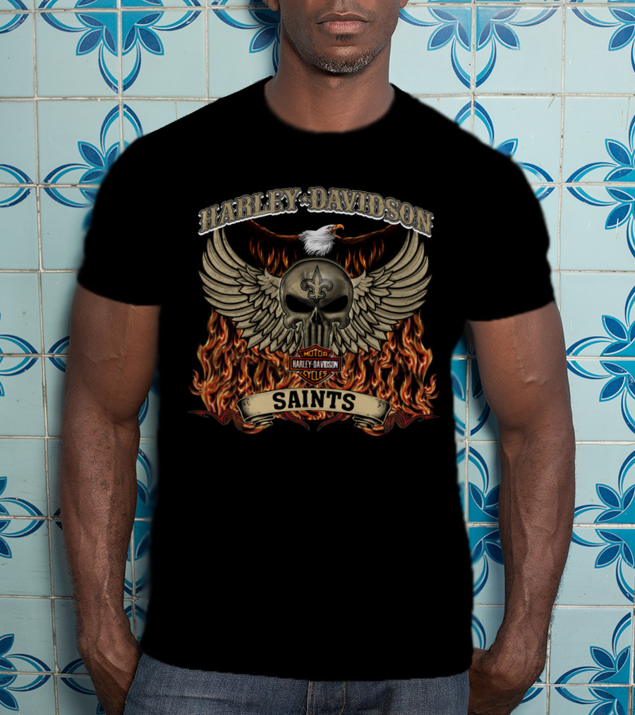 Harley Davidson Motor Cycles Saints New Orleans Flames And Skull T-Shirt