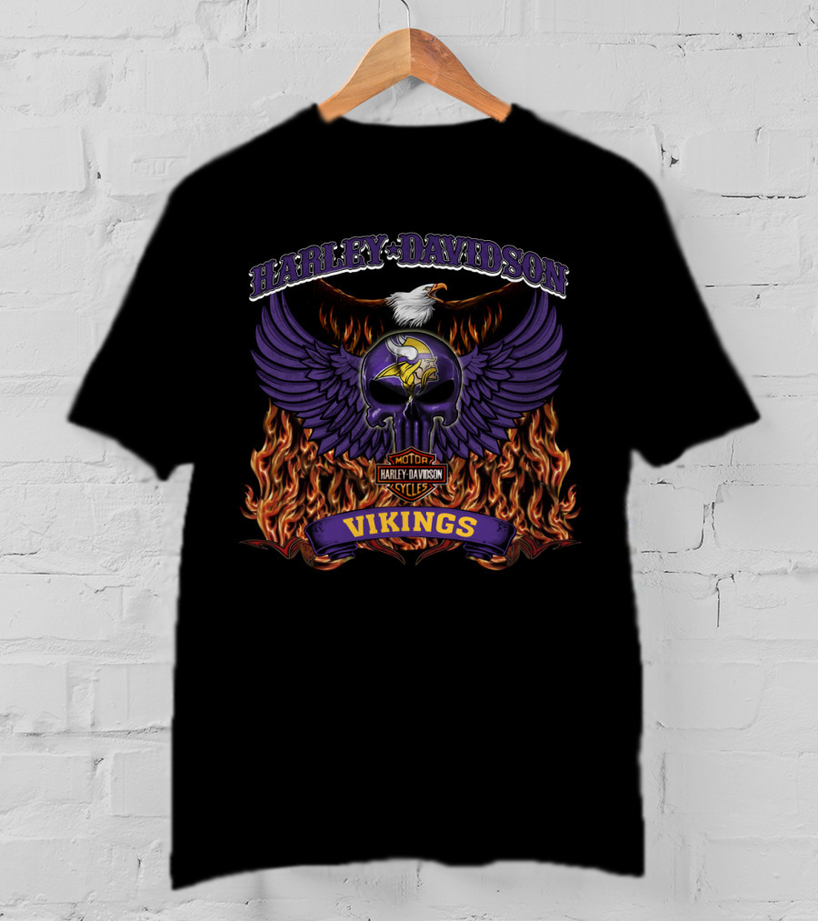 Harley Davidson Minnesota Vikings Nfl Motorcycles Flaming Winged Skull T-Shirt