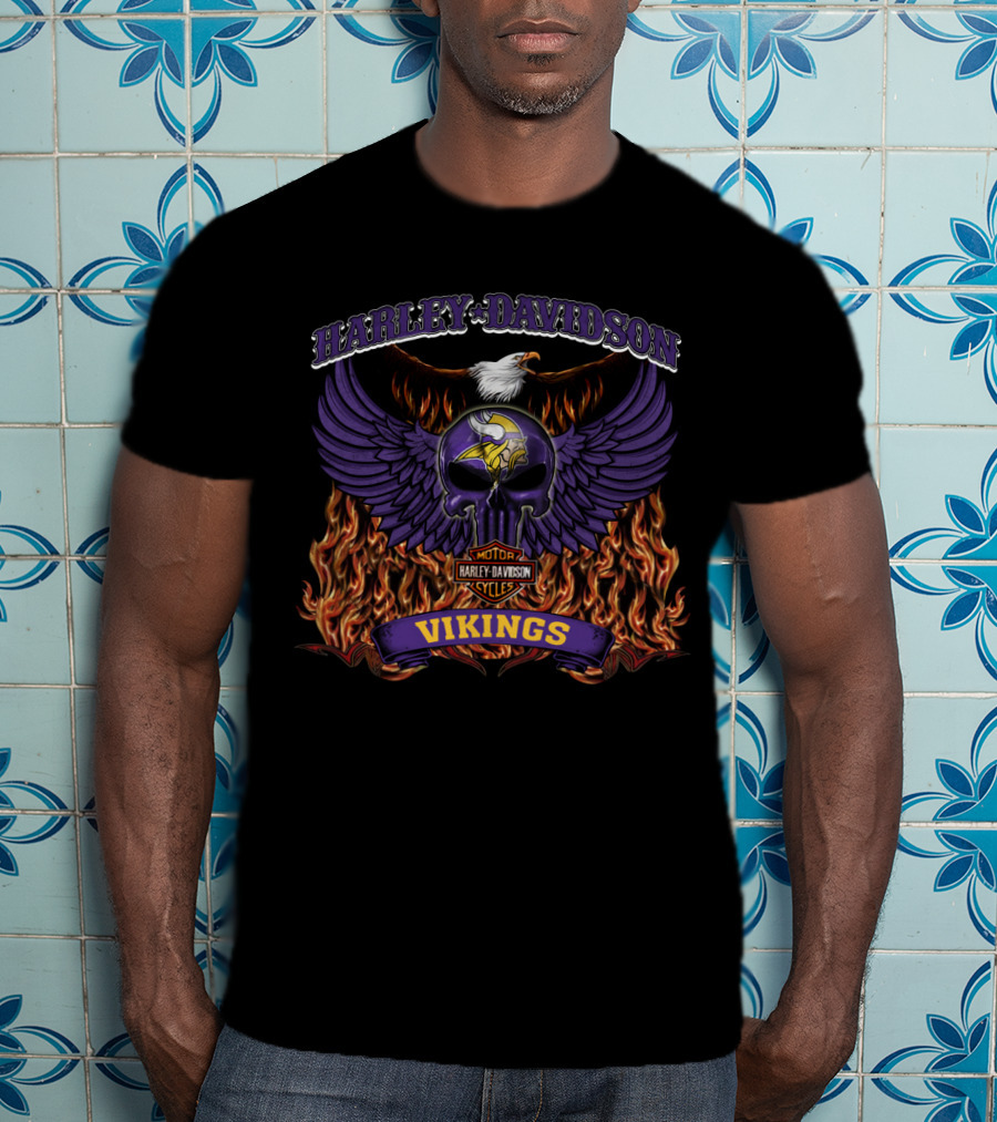 Harley Davidson Minnesota Vikings Nfl Motorcycles Flaming Winged Skull T-Shirt
