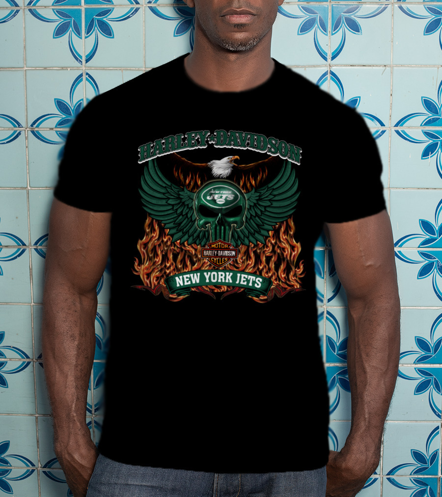 Harley Davidson New York Jets Nfl 206 Flames And Eagle T-Shirt